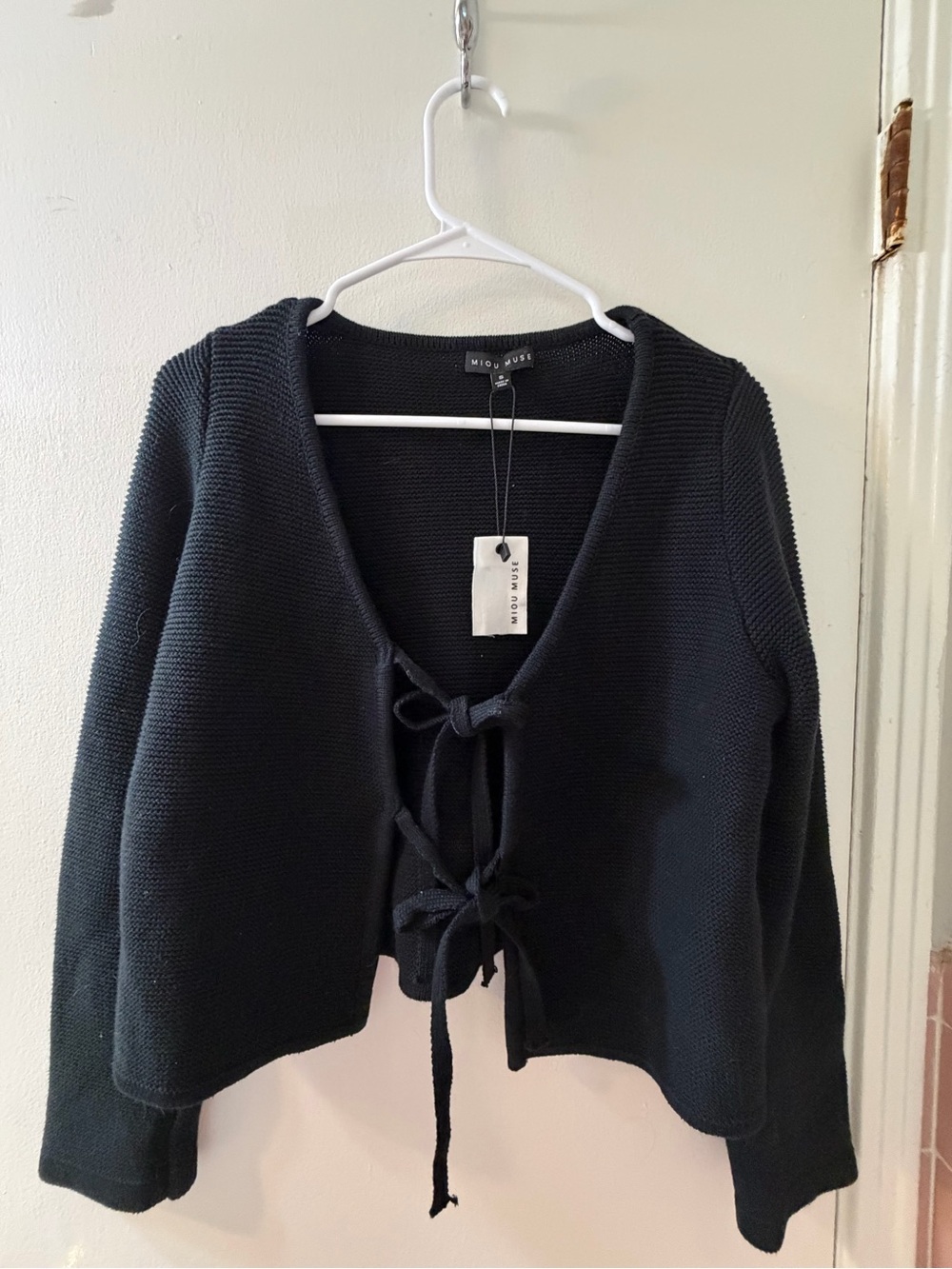 Miou Muse Black Knit Tie-Front Cardigan Crop Sweater Size S
